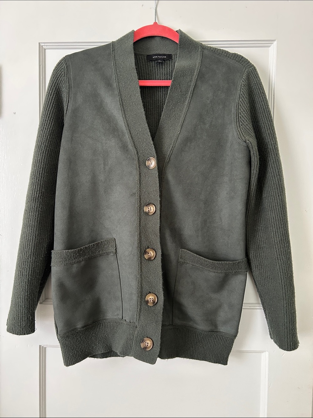 Ann Taylor Green Faux Suede Cardigan with Patch Pockets